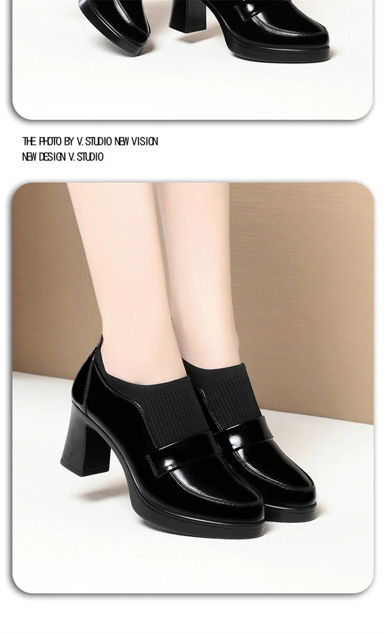 Women's One Pedal Loafer High Heel Soft Leather Shoes 2024 New Thick Bottom British Style Elastic Mouth Chunky Heel Shoes