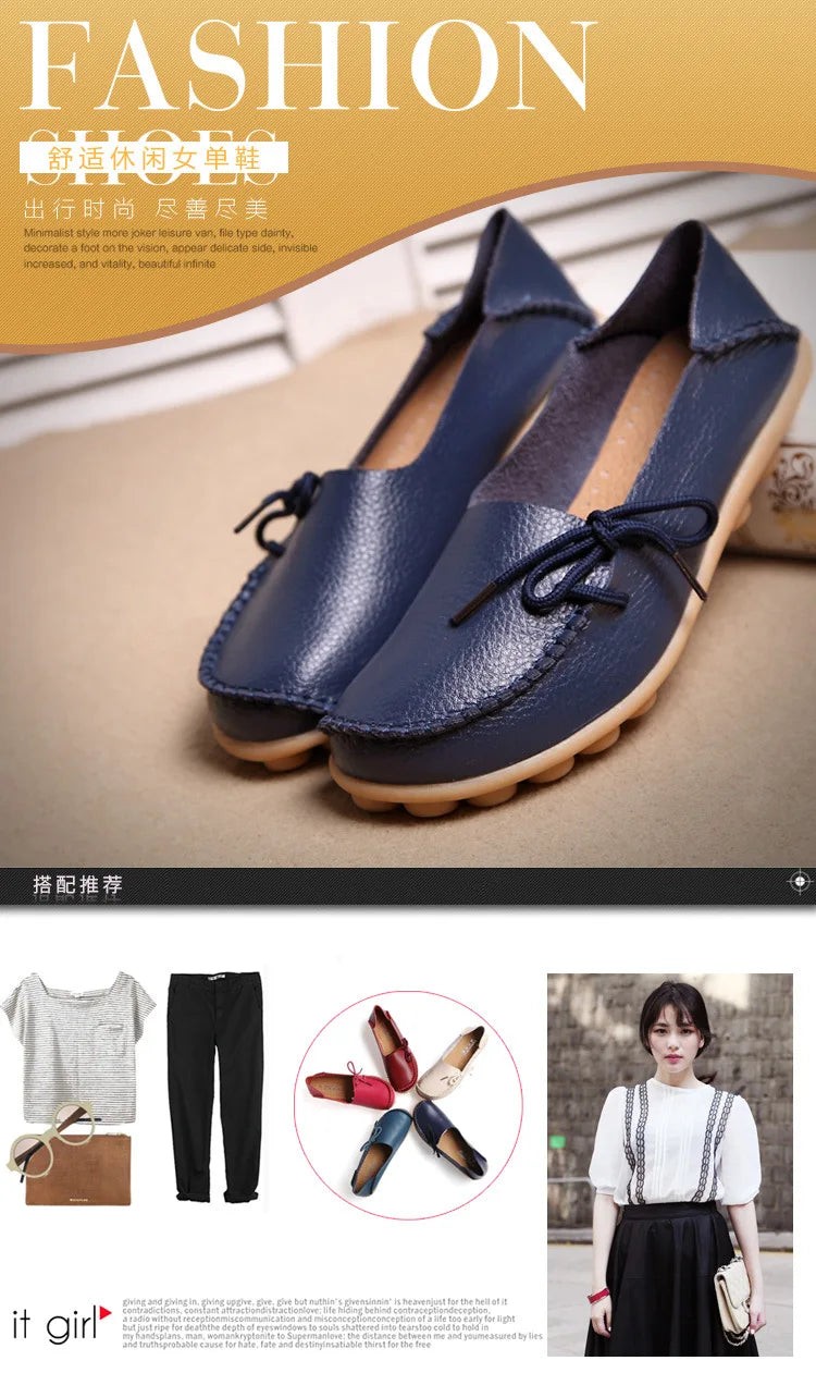 New Moccasins Women Flats 2026 Autumn Woman Loafers Genuine Leather Female Shoes Slip On Ballet Bowtie Women's Shoes Big Size