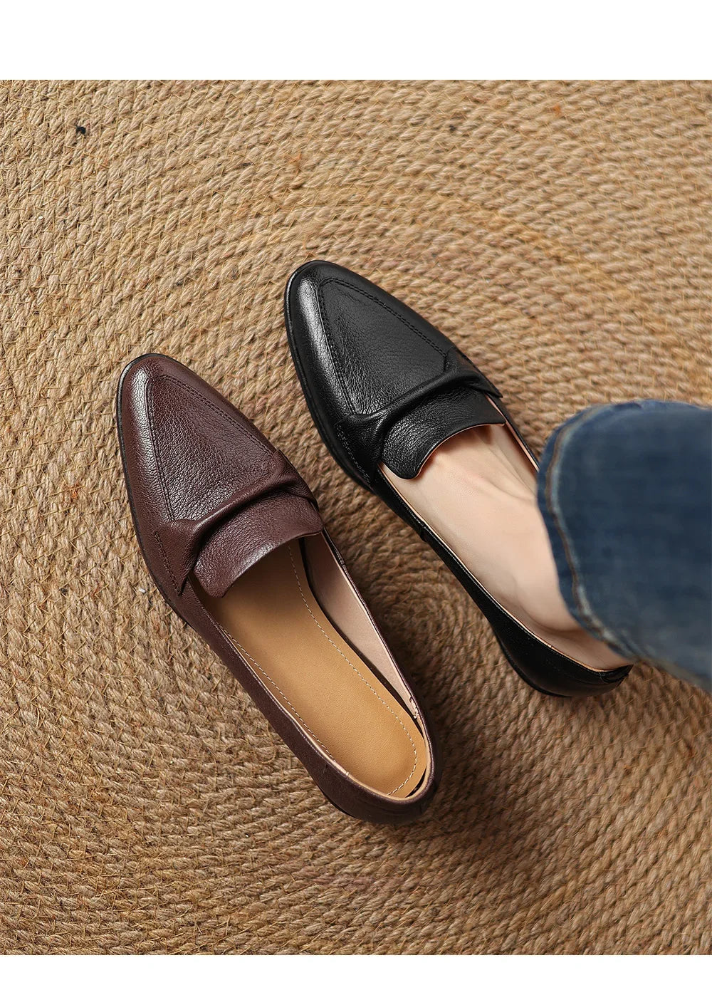2025 spring autumn women pumps natural leather 22-25cm soft sheepskin+cowhide+pigskin pointed toe thick heel loafers women shoes
