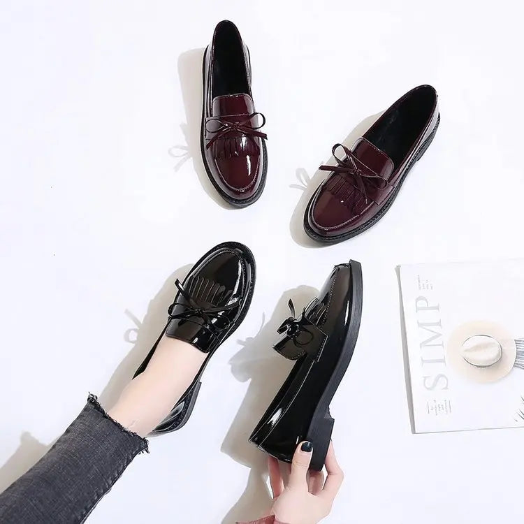 Womens Shoes Patent Leather Women Loafers British Tassel Casual Female Flat Shoes Bowknot Small Leather Shoe Comfortable Zapatos