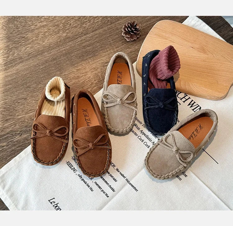 Children Casual Flats 2024 New Fabric Moccasin with Simple Bow Girls Minimalist Style Princess Shoes Anti Slip Wear-resistant