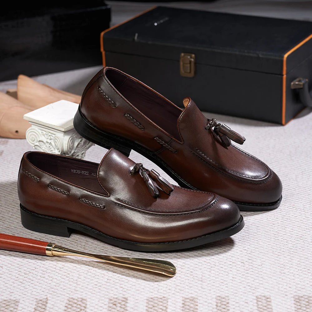 Classic Men's Genuine Leather Tassel Loafers Handmade Slip-On Casual Shoes Comfortable for Office Wedding Dressing Daily Wear