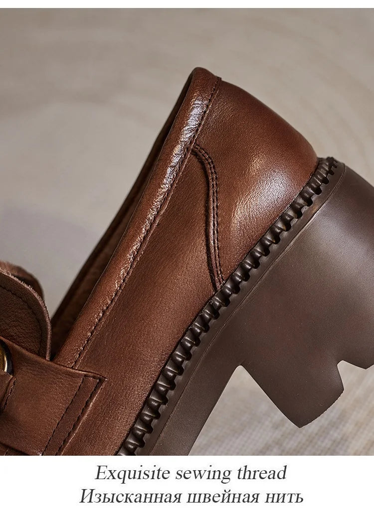 DRKANOL Women Thick Heel Loafers Slip On Pumps Spring Autumn New Design Metal Genuine Leather Round Toe High Heel Platform Shoes