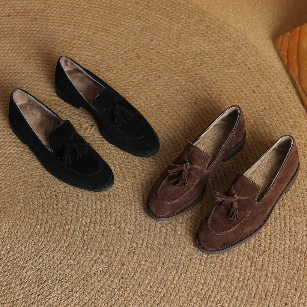Women's natural suede leather fringe slip-on flats loafers leisure soft comfortable casual female moccasins shoes for woman sale