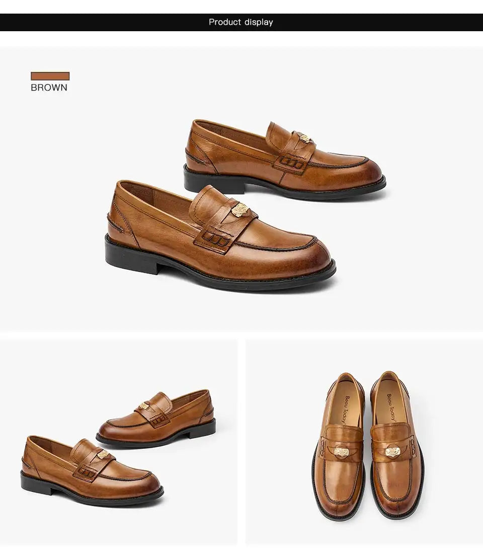 BeauToday Penny Loafers Women Genuine Calfskin Slip On Round Toe Square Heel Shallow Casual Spring Outdoor Ladies Shoes 26084