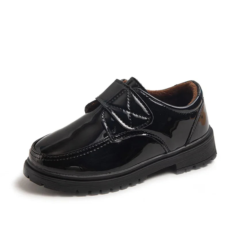 Children Fashion Leather Shoes Boys 2023 Hook & Loop Glossy Simple Black Uniform School Shoes Loafers Kids Shoes Free Shipping