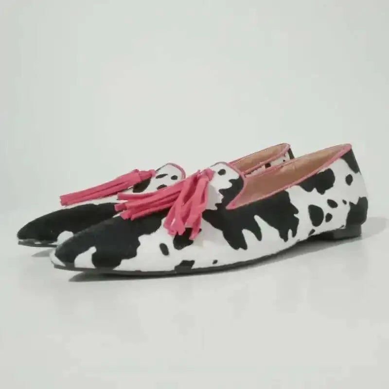 Cow Print Pointed Toe Loafers Women Shoes Tassel Slip‑on Casual Flat Shoes