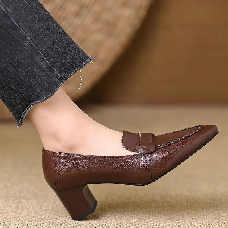 Retro Genuine Leather Pump High-Heeled Moccasins for Women New Style 2026 Pointed Toe Thick Heel Versatile Elegant Women's Shoes