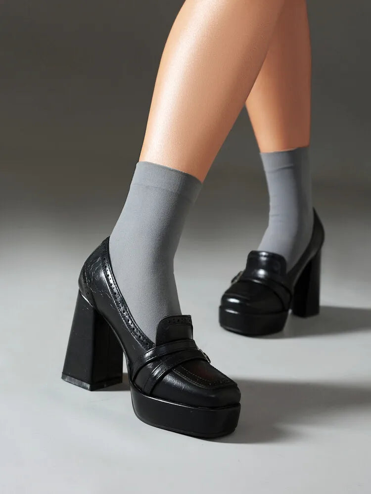 EAGSITY Pumps Brown Women Shoes Loafers Block Heel Platform Slip On Shoes Cosplay Wedding Party Pumps
