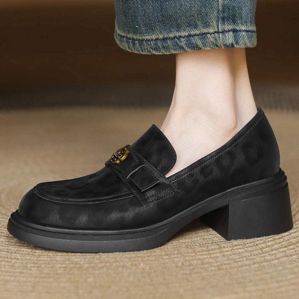 Women's leopard cow leather 5cm chunky heel platform slip-on loafers high quality soft comfortable causal female moccasins shoes