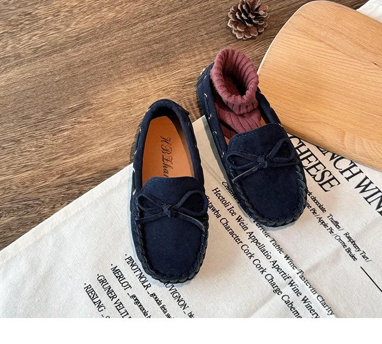 Children Casual Flats 2024 New Fabric Moccasin with Simple Bow Girls Minimalist Style Princess Shoes Anti Slip Wear-resistant