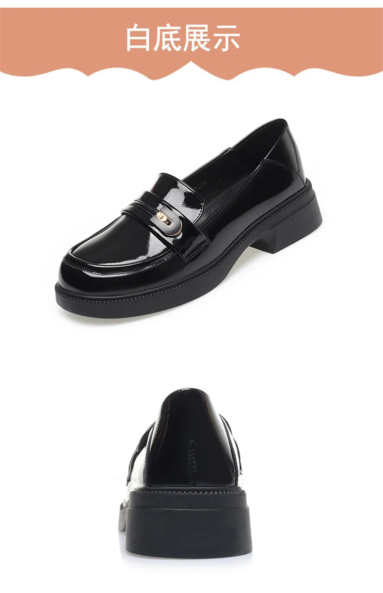 Spring Comfortable British Style Shallow Bright Leather Loafers Women Pumps  Square Heels Chunky Platform Shoes Office Size35-41