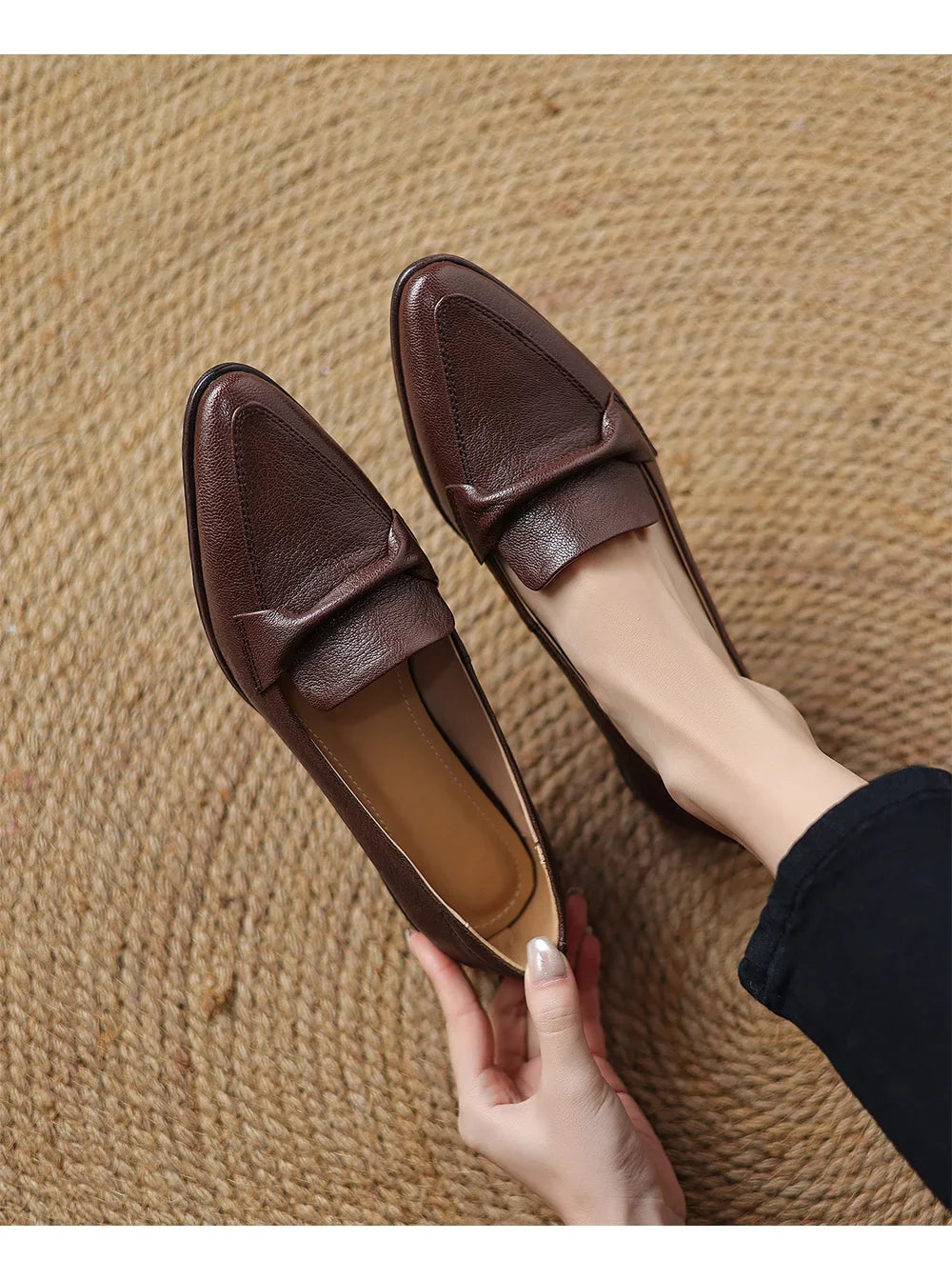 2025 spring autumn women pumps natural leather 22-25cm soft sheepskin+cowhide+pigskin pointed toe thick heel loafers women shoes