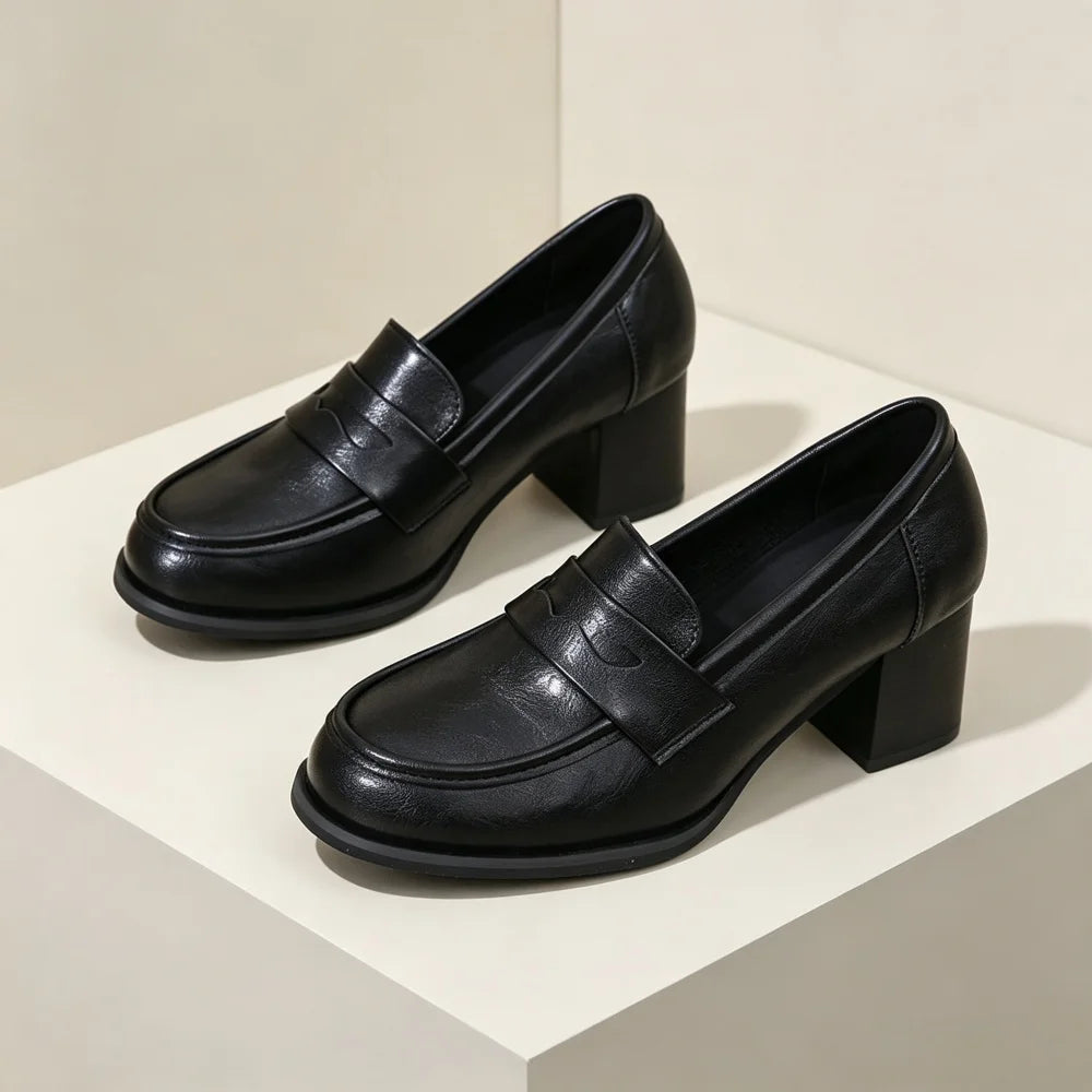 Vintage Women's Penny Loafers Chunky Block Heel Leather Shoes Slip On Round Toe Office Work Shoes Anti Slip Sole Comfort Daily D