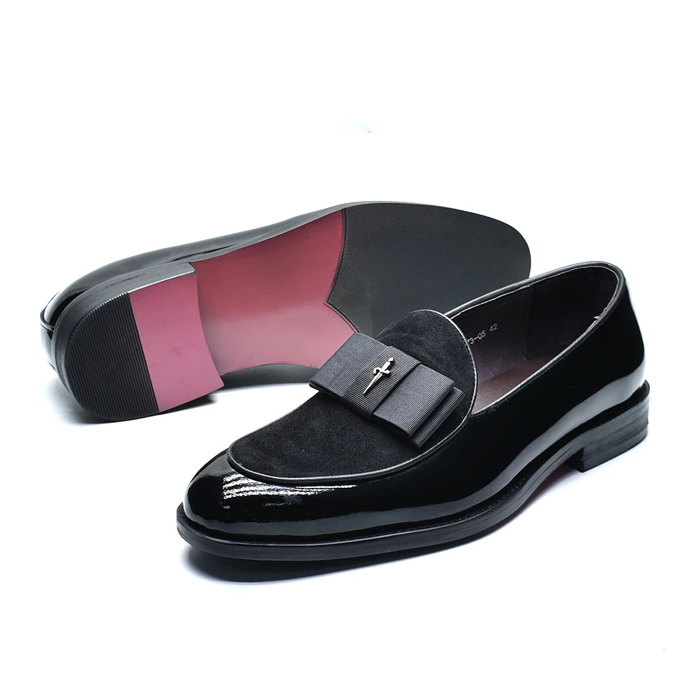 Black Red Luxury Genuine Patent Leather Men's Dress Loafer Shoes with Bowtie Wedding Party Banquet Slip-On Man Formal Shoes