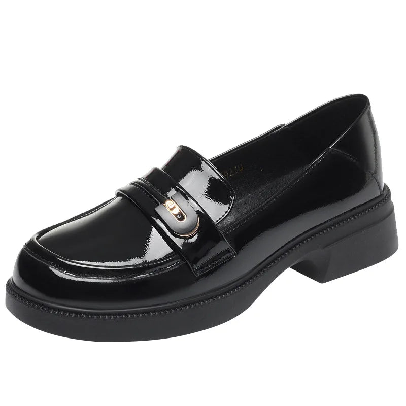 Spring Comfortable British Style Shallow Bright Leather Loafers Women Pumps  Square Heels Chunky Platform Shoes Office Size35-41