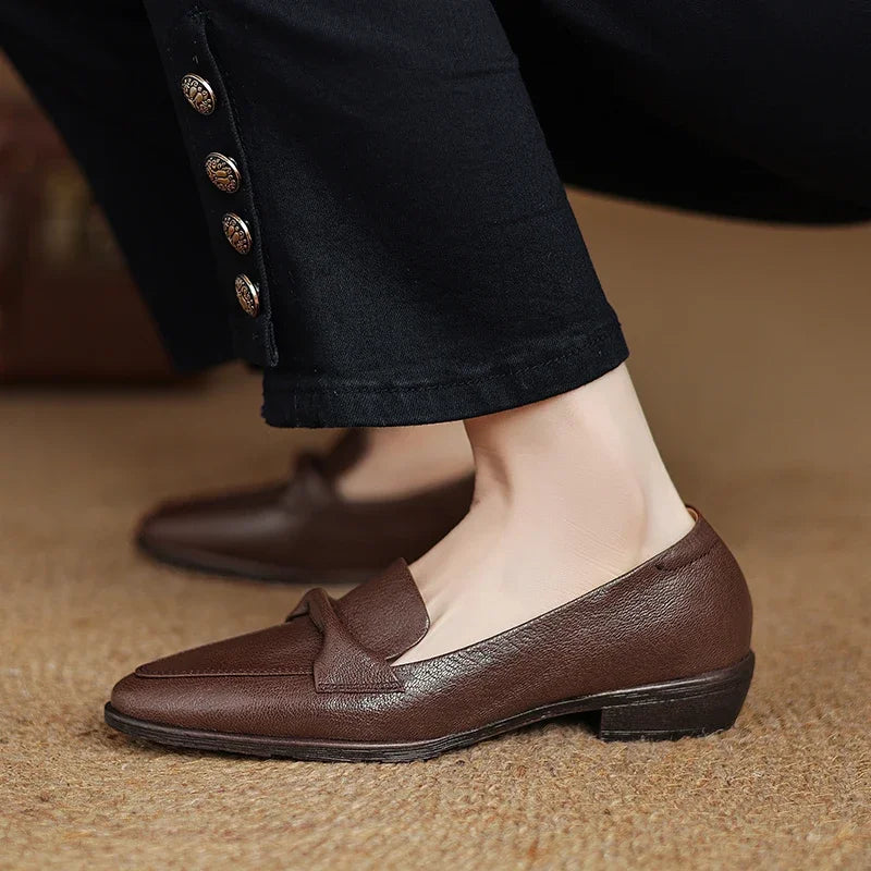 2025 spring autumn women pumps natural leather 22-25cm soft sheepskin+cowhide+pigskin pointed toe thick heel loafers women shoes