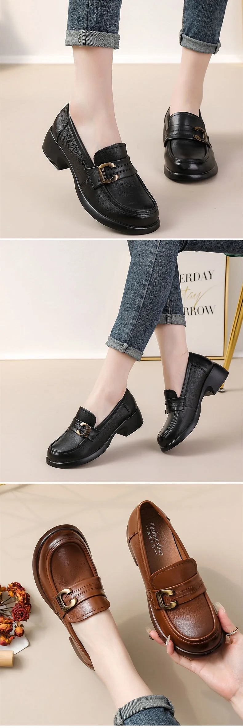 DRKANOL Fashion Genuine Leather Pumps Women Slip On Loafers British Style Retro Round Toe Metal Thick Heel Casual Shoes Big Size