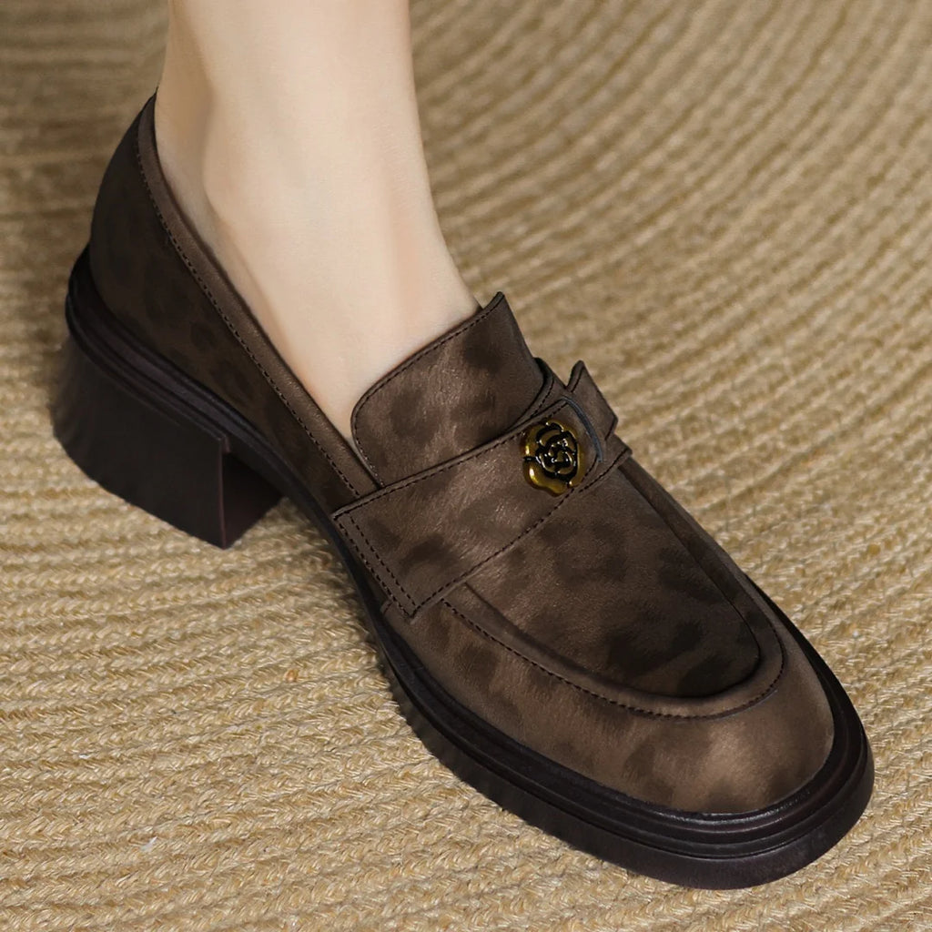 Women's leopard cow leather 5cm chunky heel platform slip-on loafers high quality soft comfortable causal female moccasins shoes