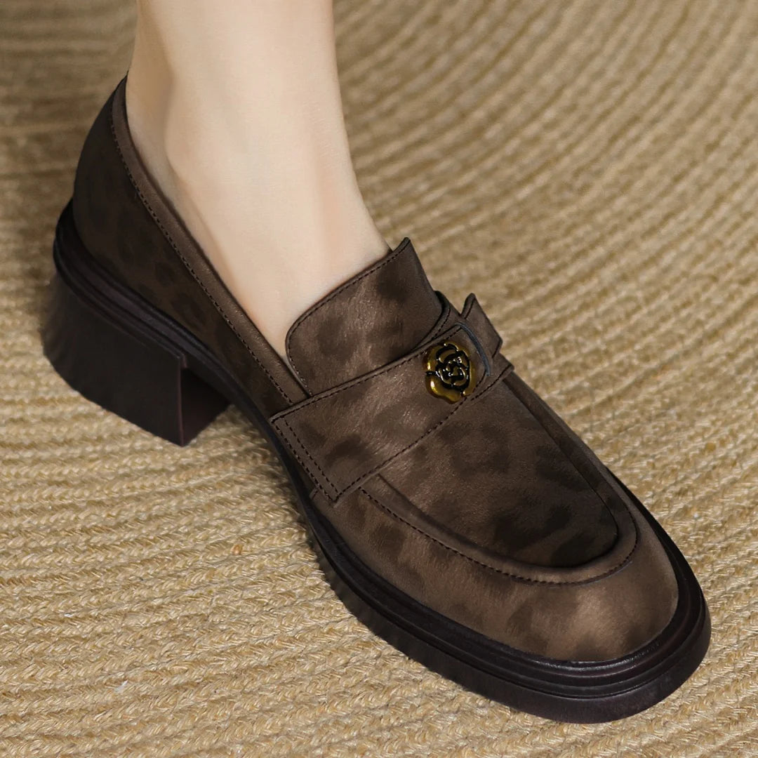 Women's leopard cow leather 5cm chunky heel platform slip-on loafers high quality soft comfortable causal female moccasins shoes