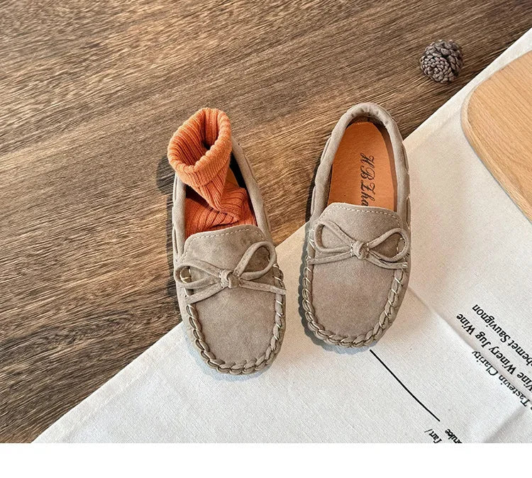 Children Casual Flats 2024 New Fabric Moccasin with Simple Bow Girls Minimalist Style Princess Shoes Anti Slip Wear-resistant