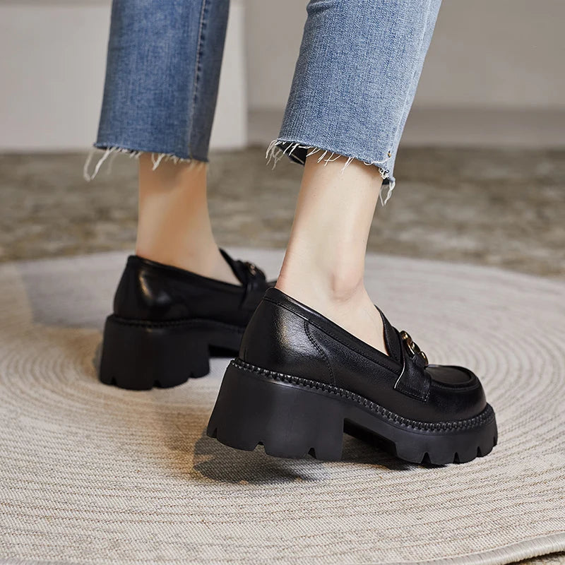 DRKANOL Women Thick Heel Loafers Slip On Pumps Spring Autumn New Design Metal Genuine Leather Round Toe High Heel Platform Shoes