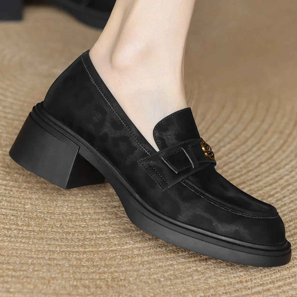 Women's leopard cow leather 5cm chunky heel platform slip-on loafers high quality soft comfortable causal female moccasins shoes