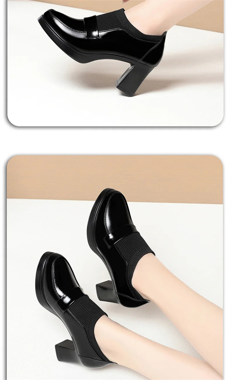 Women's One Pedal Loafer High Heel Soft Leather Shoes 2024 New Thick Bottom British Style Elastic Mouth Chunky Heel Shoes