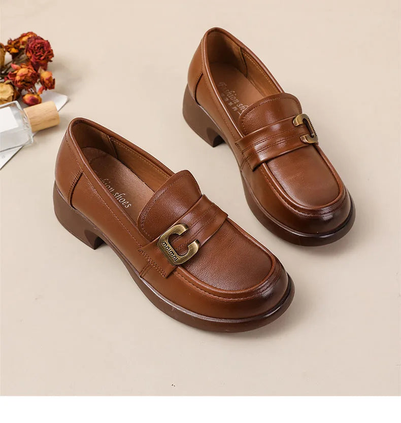 DRKANOL Fashion Genuine Leather Pumps Women Slip On Loafers British Style Retro Round Toe Metal Thick Heel Casual Shoes Big Size