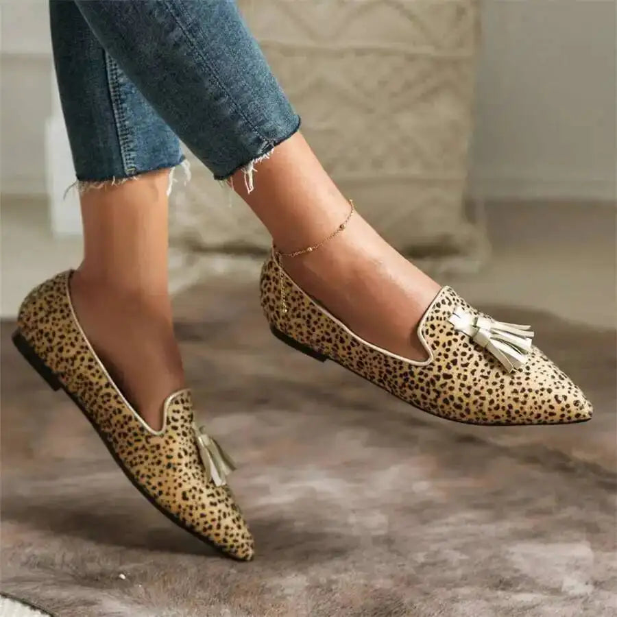 Cow Print Pointed Toe Loafers Women Shoes Tassel Slip‑on Casual Flat Shoes