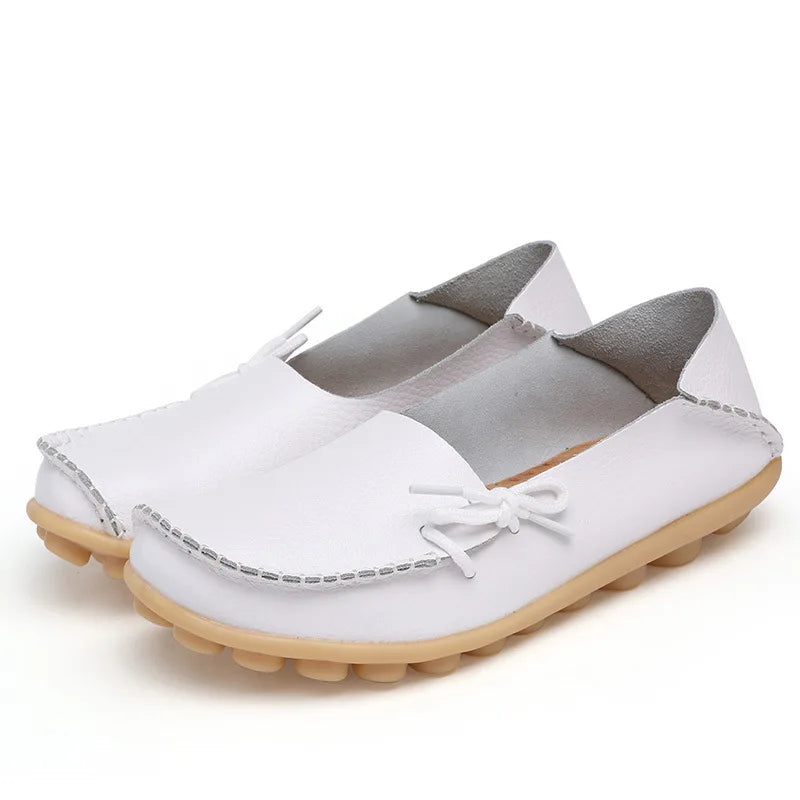 New Moccasins Women Flats 2026 Autumn Woman Loafers Genuine Leather Female Shoes Slip On Ballet Bowtie Women's Shoes Big Size