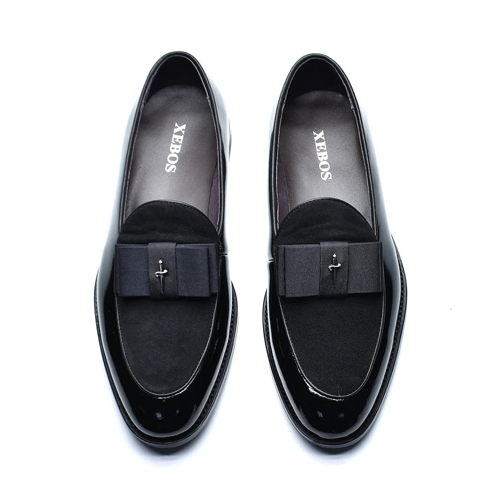 Black Red Luxury Genuine Patent Leather Men's Dress Loafer Shoes with Bowtie Wedding Party Banquet Slip-On Man Formal Shoes