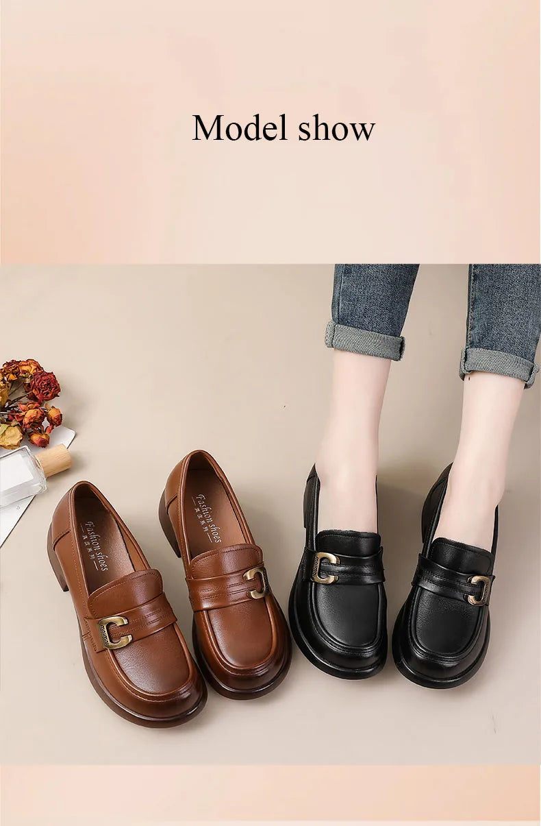 DRKANOL Fashion Genuine Leather Pumps Women Slip On Loafers British Style Retro Round Toe Metal Thick Heel Casual Shoes Big Size