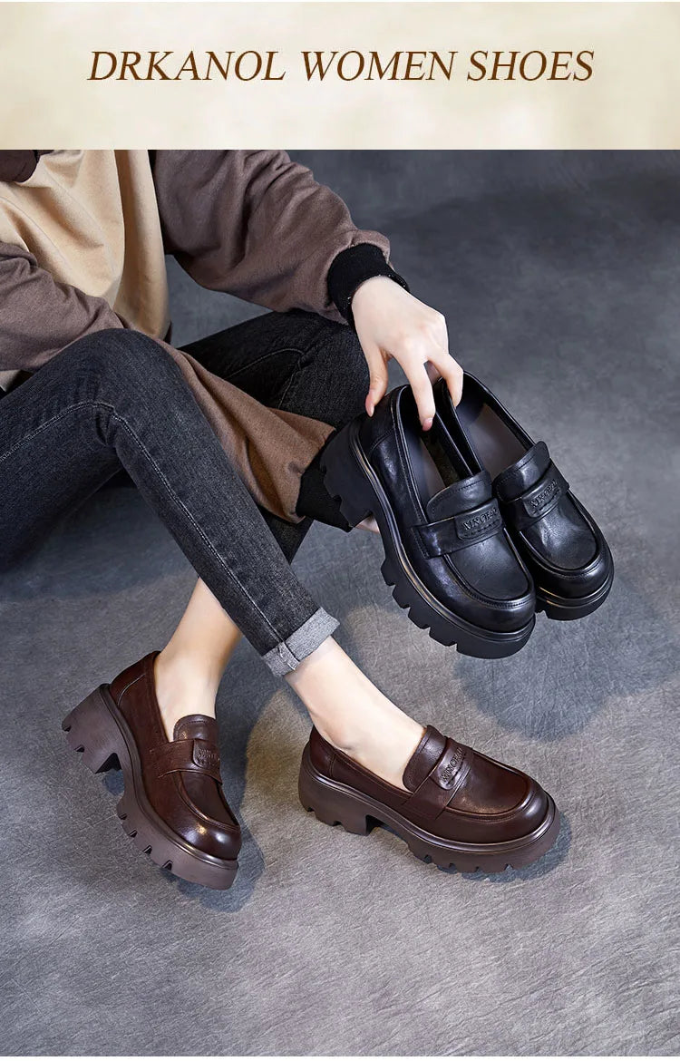 DRKANOL 2026 Spring Women Shoes Thick Heel Slip On Loafers Handmade Retro Chunky Platform Round Toe Pumps Ladies High Heel Shoes