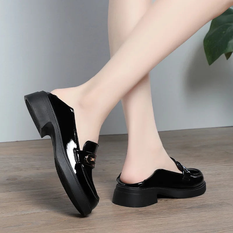 Spring Comfortable British Style Shallow Bright Leather Loafers Women Pumps  Square Heels Chunky Platform Shoes Office Size35-41