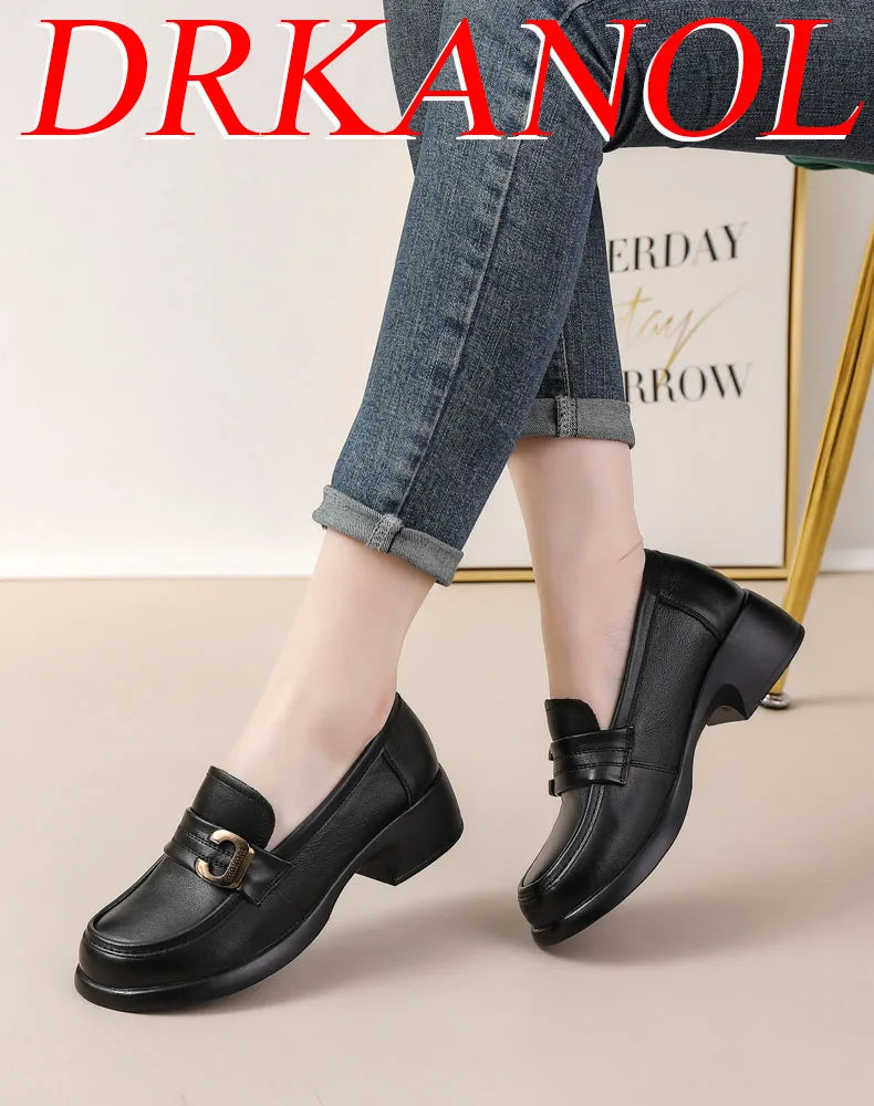 DRKANOL Fashion Genuine Leather Pumps Women Slip On Loafers British Style Retro Round Toe Metal Thick Heel Casual Shoes Big Size