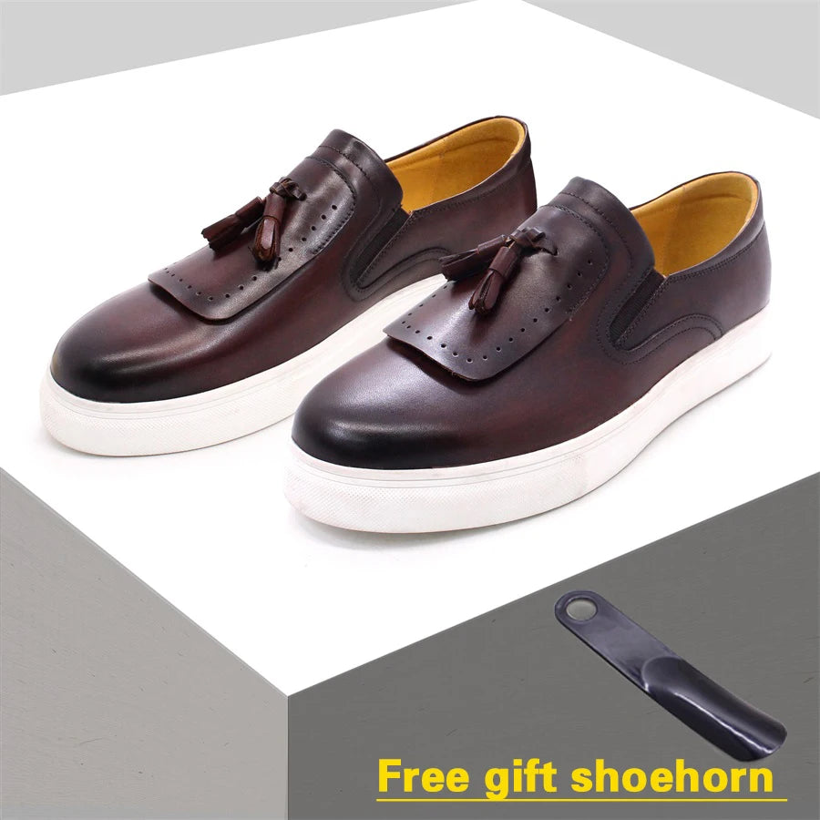 Leather Casual Shoes Tassel High-End Handmade Men's Shoes Comfortable Round Toe Flat Shoes Office Banquet Men's Loafers