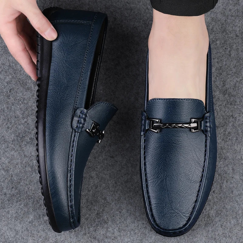 Mocassin Cuir Bleu Homme