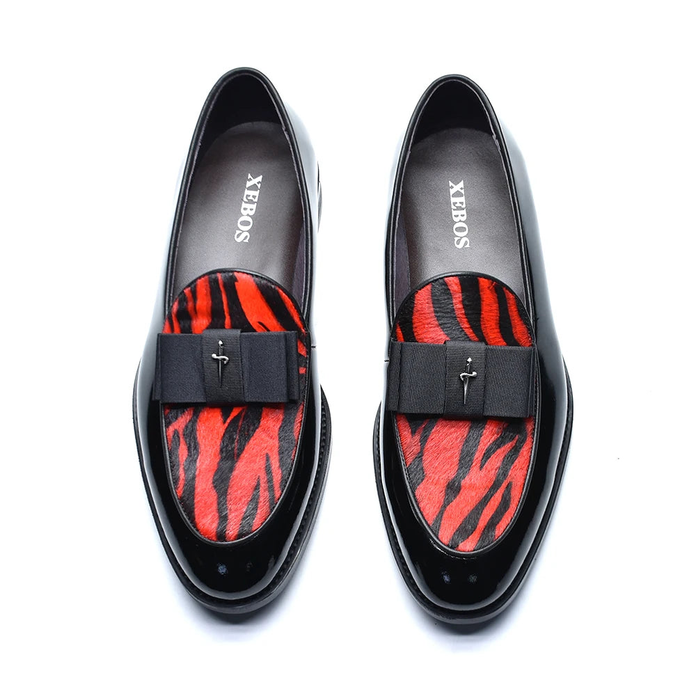 Black Red Luxury Genuine Patent Leather Men's Dress Loafer Shoes with Bowtie Wedding Party Banquet Slip-On Man Formal Shoes