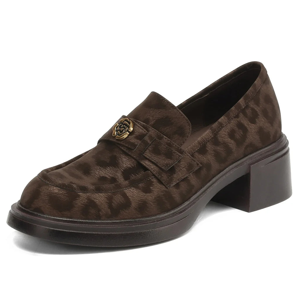 Women's leopard cow leather 5cm chunky heel platform slip-on loafers high quality soft comfortable causal female moccasins shoes