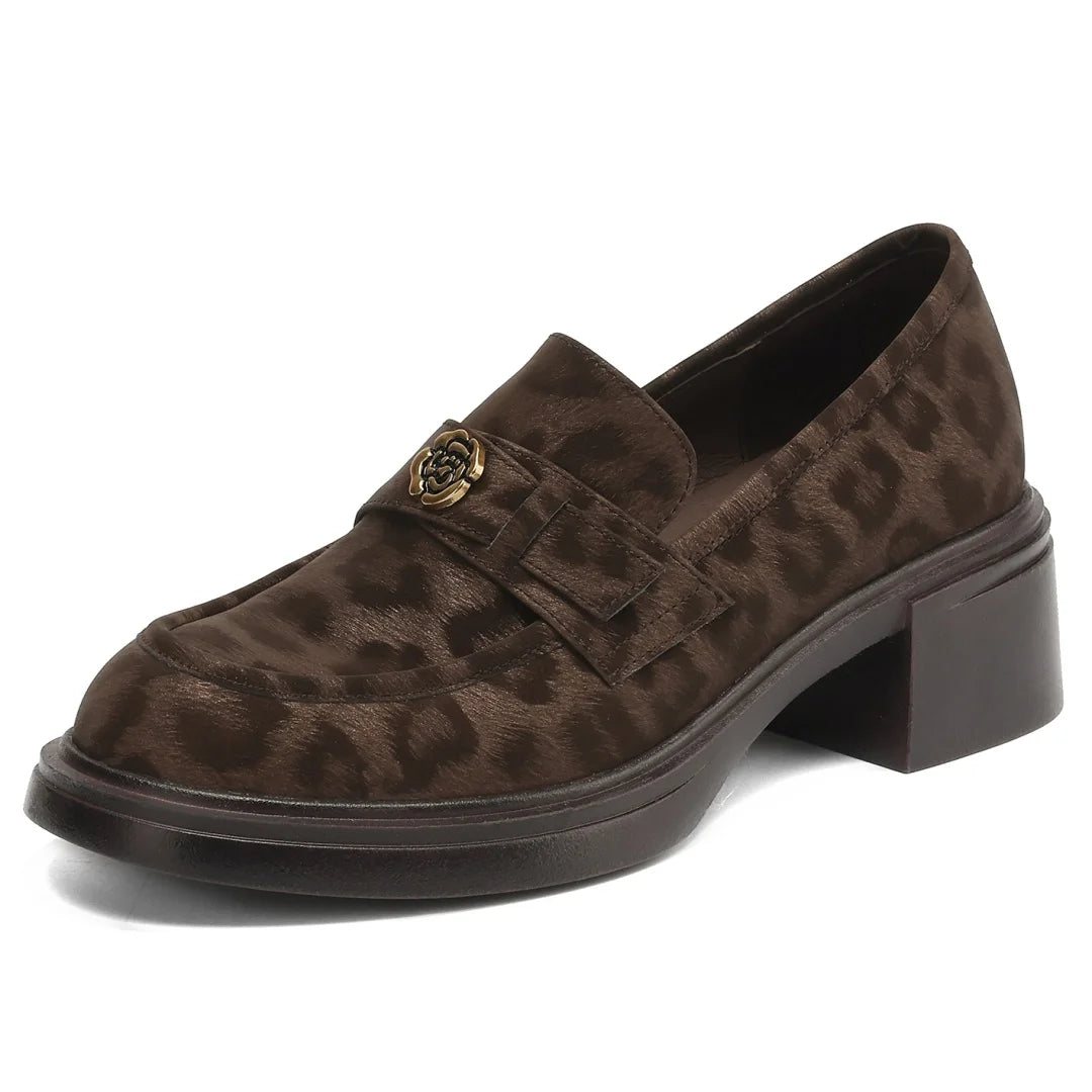 Women's leopard cow leather 5cm chunky heel platform slip-on loafers high quality soft comfortable causal female moccasins shoes