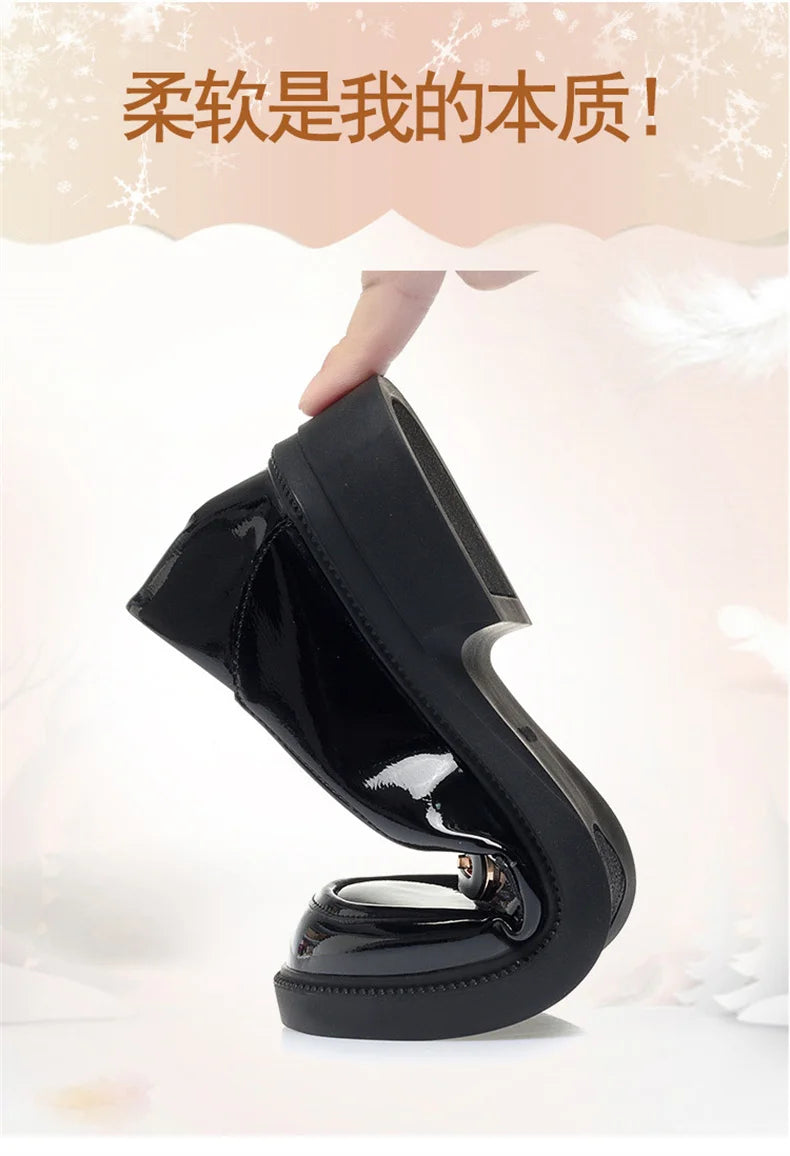 Spring Comfortable British Style Shallow Bright Leather Loafers Women Pumps  Square Heels Chunky Platform Shoes Office Size35-41