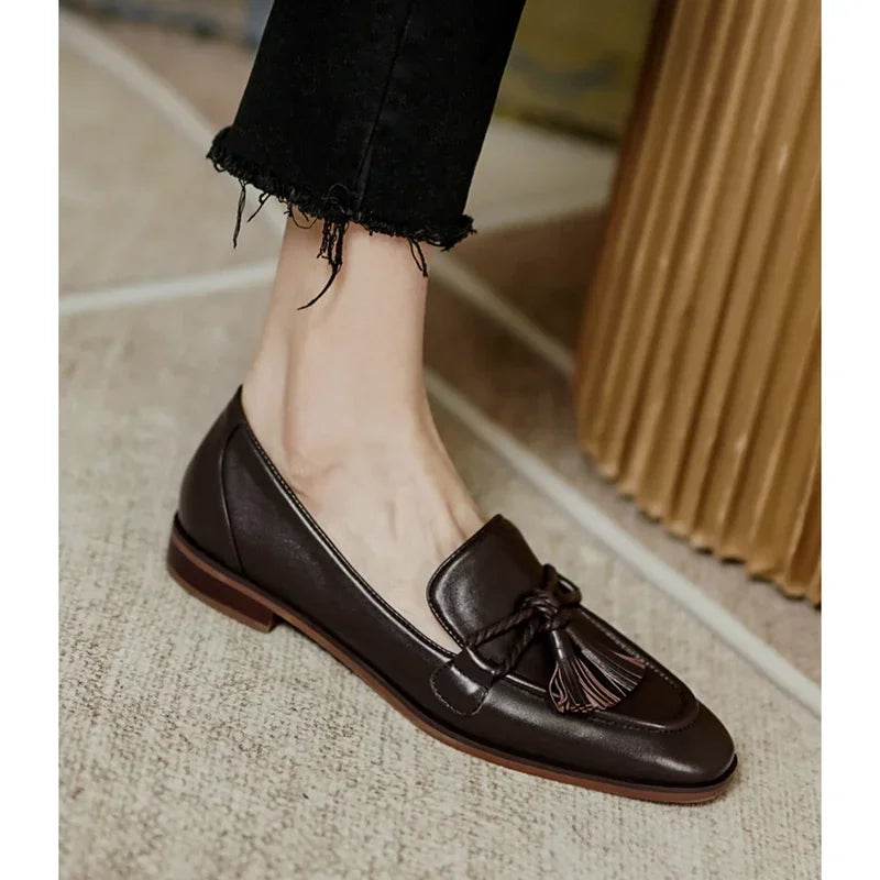 Retro British Style Square Head Women's Loafers Shoes 2022 Summer New Style Tassel Comfortable Single Shoes Women Brown Shoes