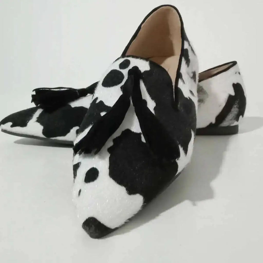 Cow Print Pointed Toe Loafers Women Shoes Tassel Slip‑on Casual Flat Shoes