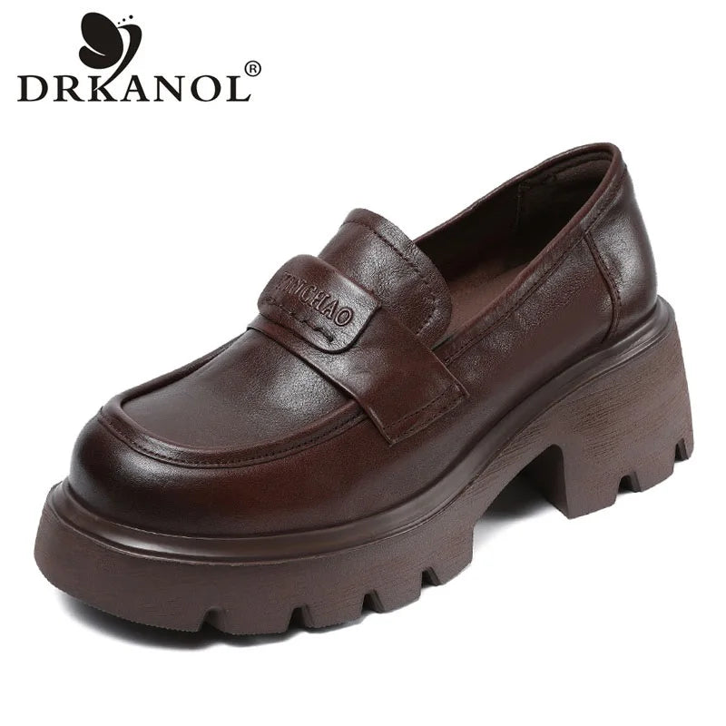DRKANOL 2026 Spring Women Shoes Thick Heel Slip On Loafers Handmade Retro Chunky Platform Round Toe Pumps Ladies High Heel Shoes