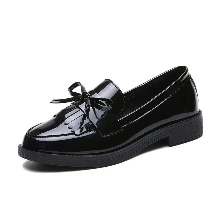 Womens Shoes Patent Leather Women Loafers British Tassel Casual Female Flat Shoes Bowknot Small Leather Shoe Comfortable Zapatos
