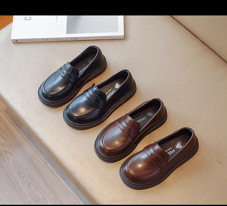 Britain Style Children's Leather Shoes for Boys 2025 Spring New Girls Retro Black Single Shoes Soft Moccasin Shoes for Children
