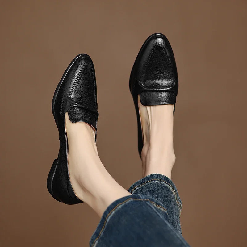 2025 spring autumn women pumps natural leather 22-25cm soft sheepskin+cowhide+pigskin pointed toe thick heel loafers women shoes