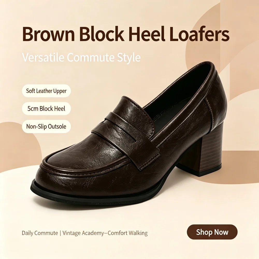 Vintage Women's Penny Loafers Chunky Block Heel Leather Shoes Slip On Round Toe Office Work Shoes Anti Slip Sole Comfort Daily D
