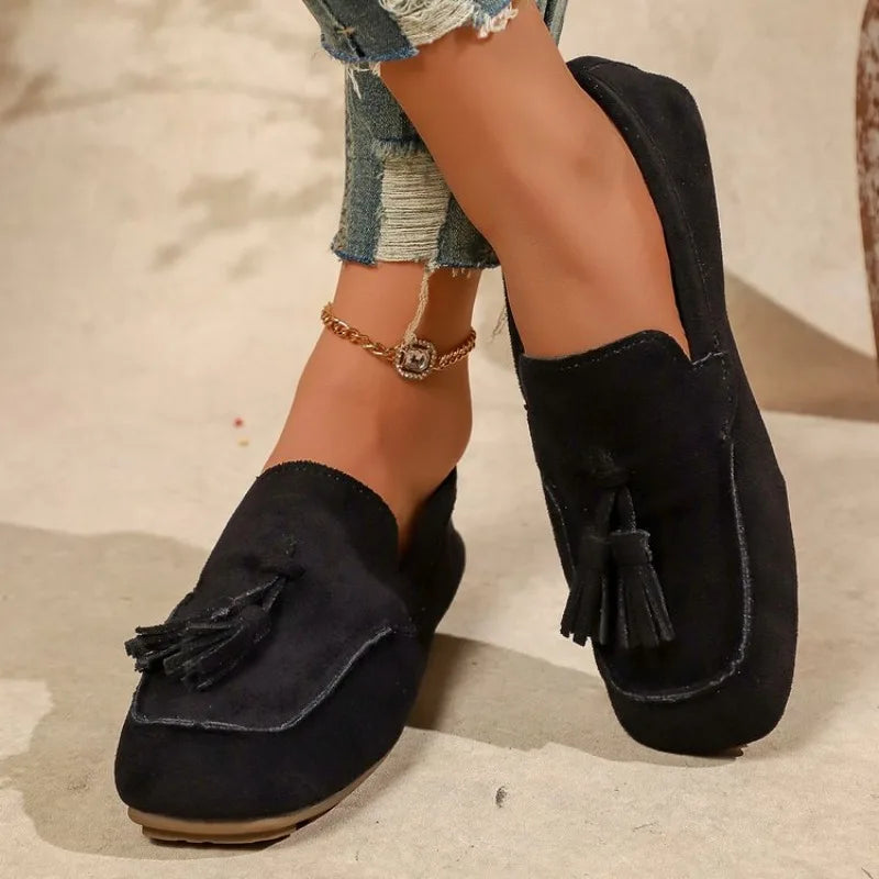 Casual Slip-on Women Square Toe Walking Driving Shoes Ladies Comfortable Loafers Tassels